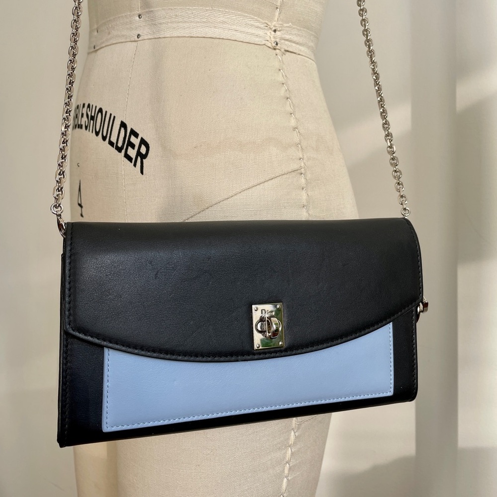 Christian Dior Convertible Blue Leather Turnlock Wallet Crossbody Bag